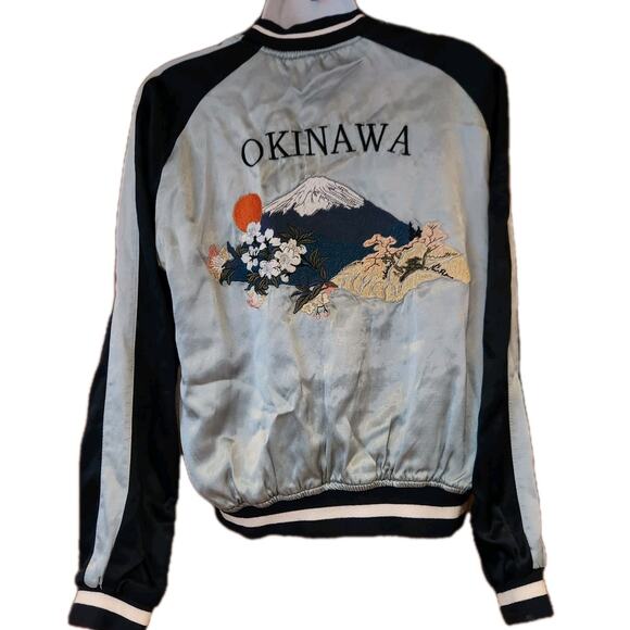 TopShop  Japan Pink Blue stiched Reversable crane tiger bomber Jacket Sz 4 - Picture 1 of 7